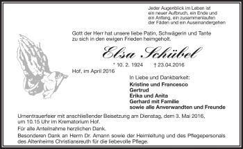 Traueranzeige von Elsa Schübel von Frankenpost