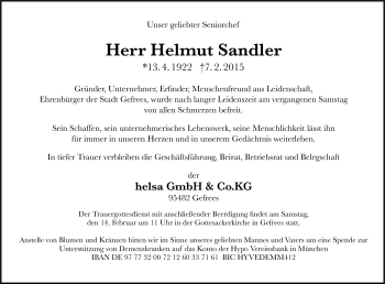Traueranzeige von Helmut Sandler von Frankenpost