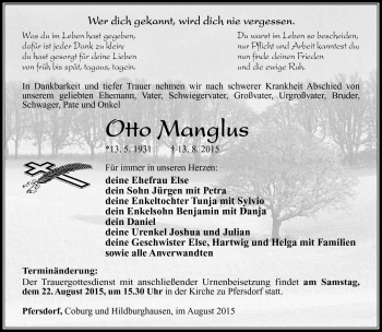 Traueranzeige von Otto Manglus von Südthüringer Presse