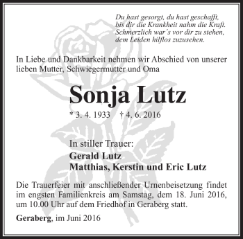 Traueranzeige von Sonja Lutz von Südthüringer Presse