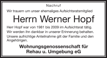 Traueranzeige von Werner Hopf von Frankenpost
