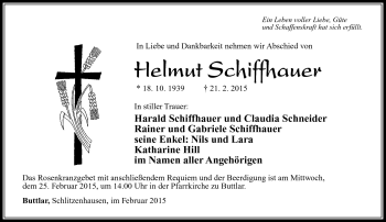Traueranzeige von Helmut Schiffhauer von Südthüringer Presse