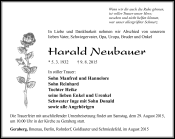 Traueranzeige von Harald Neubauer von Südthüringer Presse