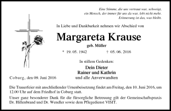 Traueranzeige von Margareta Krause von Neue Presse Coburg