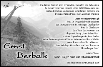 Traueranzeige von Ernst Berbalk von Südthüringer Presse