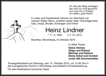 Traueranzeige von Heinz Lindner von Frankenpost