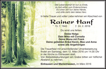 Traueranzeige von Rainer Hanf von Südthüringer Presse