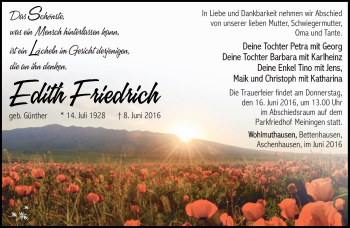 Traueranzeige von Edith Friedrich von Südthüringer Presse