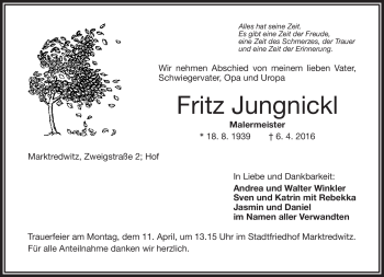 Traueranzeige von Fritz Jungnickl von Frankenpost