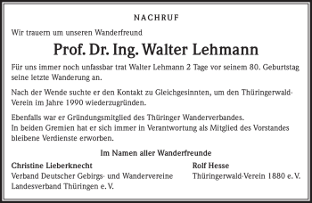 Traueranzeige von Walter Lehmann von Südthüringer Presse