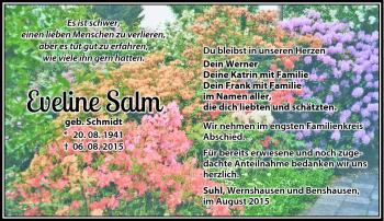 Traueranzeige von Eveline Salm von Südthüringer Presse