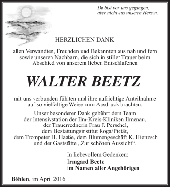 Traueranzeige von Walter Beetz von Südthüringer Presse