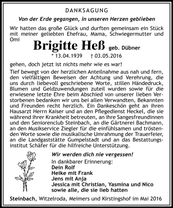 Traueranzeige von Brigitte Heß von Südthüringer Presse