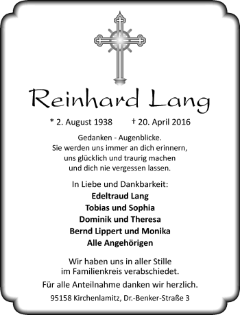 Traueranzeige von Reinhard Lang von Frankenpost