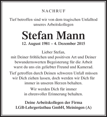 Traueranzeige von Stefan Mann von Südthüringer Presse