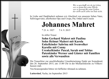 Traueranzeige von Johannes Mahret von Südthüringer Presse