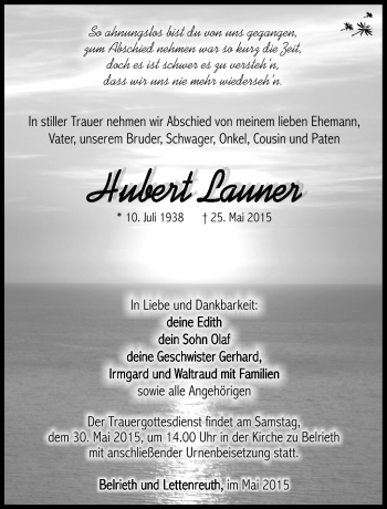 Traueranzeige von Hubert Launer von Südthüringer Presse