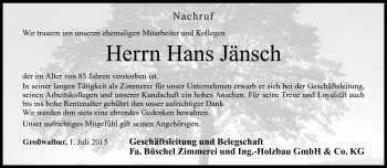 Traueranzeige von Hans Jänsch von Neue Presse Coburg
