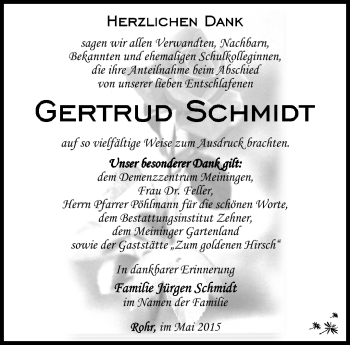Traueranzeige von Gertrud Schmidt von Südthüringer Presse
