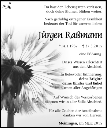Traueranzeige von Jürgen Raßmann von Südthüringer Presse