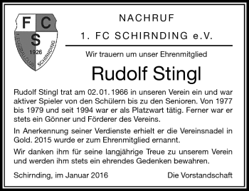 Traueranzeige von Rudolf Stingl von Frankenpost