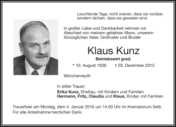 Traueranzeige von Klaus Kunz von Frankenpost