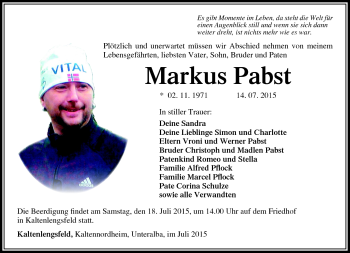 Traueranzeige von Markus Pabst von Südthüringer Presse