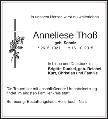 Traueranzeige von Anneliese Thoß von Frankenpost