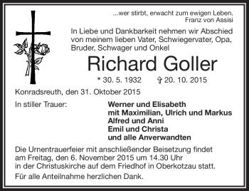 Traueranzeige von Richard Goller von Frankenpost