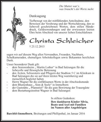 Traueranzeige von Christa Schleicher von Südthüringer Presse