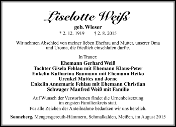Traueranzeige von Liselotte Weiß von Südthüringer Presse