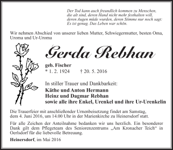 Traueranzeige von Gerda Rebhan von Südthüringer Presse