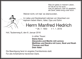 Traueranzeige von Manfred Hedrich von Frankenpost