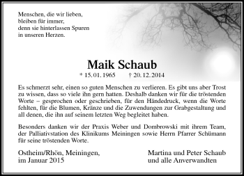 Traueranzeige von Schaub Maik von Südthüringer Presse