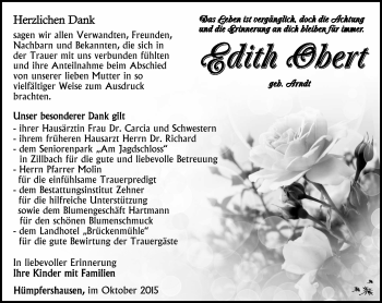 Traueranzeige von Edith Obert von Südthüringer Presse