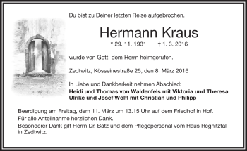 Traueranzeige von Hermann Kraus von Frankenpost