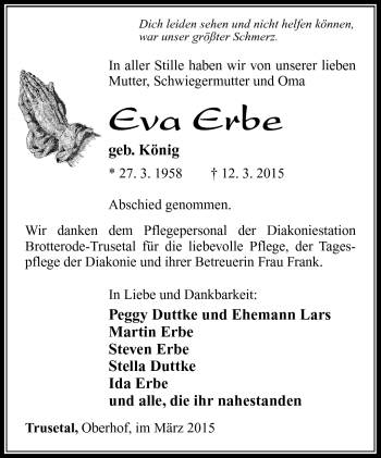 Traueranzeige von Eva Erbe von Südthüringer Presse