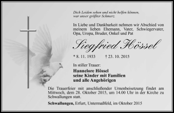 Traueranzeige von Siegfried Hössel von Südthüringer Presse