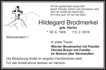 Traueranzeige von Hildegard Brodmerkel von Frankenpost