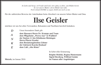 Traueranzeige von Ilse Geisler von Südthüringer Presse