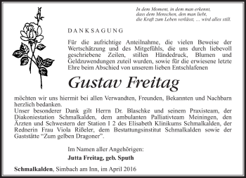 Traueranzeige von Gustav Freitag von Südthüringer Presse