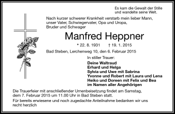 Traueranzeige von Manfred Heppner von Frankenpost