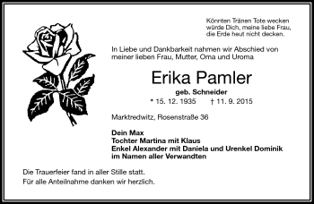 Traueranzeige von Erika Pamler von Frankenpost