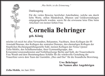 Traueranzeige von Cornelia Behringer von Südthüringer Presse