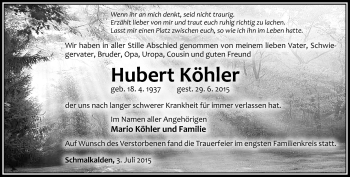 Traueranzeige von Hubert Köhler von Südthüringer Presse