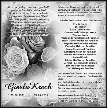 Traueranzeige von gisela Krech von Südthüringer Presse