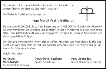 Traueranzeige von Margit Gebhardt-Krafft von Frankenpost
