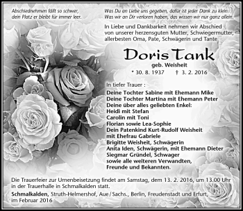 Traueranzeige von Doris Tank von Südthüringer Presse