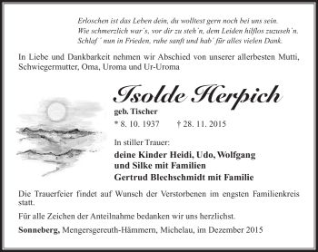 Traueranzeige von Isolde Herpich von Südthüringer Presse
