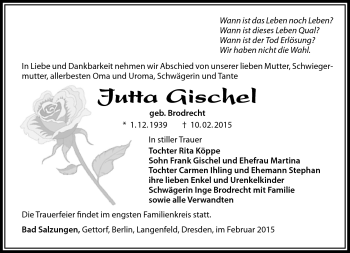 Traueranzeige von Jutta Gischel von Südthüringer Presse